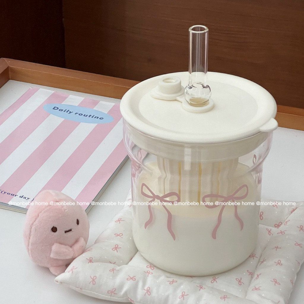 แก้ว แก้วน้ำ แก้วกาแฟ ลายโบว์ใหญ่🎀 มีฝา สำหรับร้านกาแฟ แก้วโบรอนซิลิเกตสูง พร้อมส่ง
