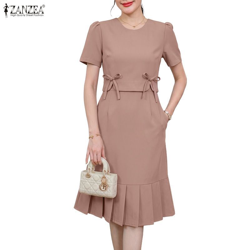 ZANZEA ซานเซีย ผู้หญิงเกาหลีคอกลมแขนสั้นพัฟแขนเอวติดตั้งจีบชุดสีทึบ