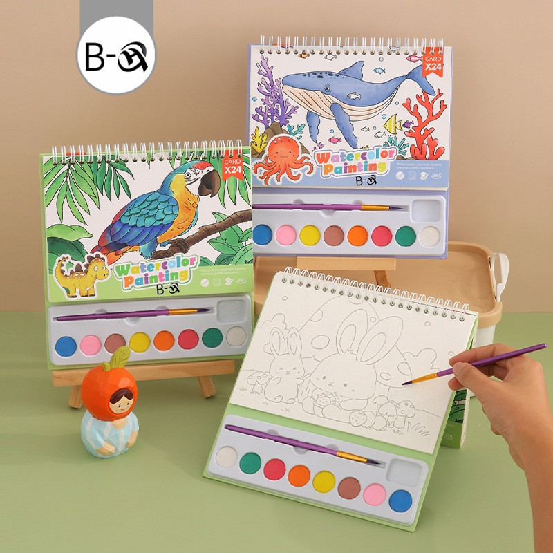 BHQ สมุดระบายสีน้ํา diy เม็ดสีแบบพกพา 8 สี 24 หน้า สมุดระบายสี กระดาษหนา สมุดภาพระบายสีน้ำ