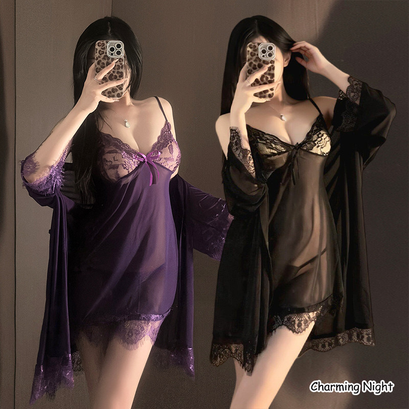 Charming Night💜💜ลูกไม้ สีม่วง ชุดนอนเซ็กซี่ เซ็ท3ชิ้น สวมใส่สบาย ผ้าเนื้อเบา สลิง ชุดนอนกระโปรง ชุดยั่ว ราคาถูกที่สุด
