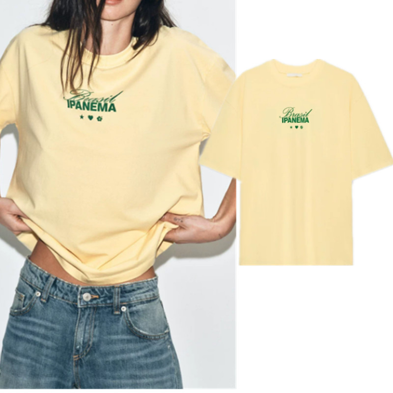 ZA เสื้อยืดเอฟเฟกต์ซักผ้าตกแต่งการพิมพ์ทรงหลวม 0085067
