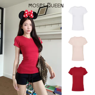 < MOSESQUEEN > เสื้อผ้าสกรีนส์แบบรูปทรงกลม แขนสั้น คอปกติ สีเดียว ช่วยยืดตัวและลดความอ้วน สำหรับผู้หญิง #62126