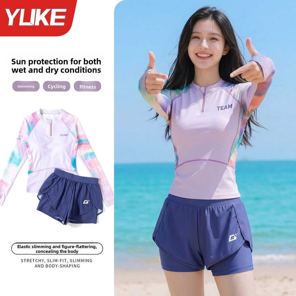 YUKE ชุดว่ายน้ําสตรีสามชิ้นแขนยาว UPF 50+ ชุดการ์ดผื่นแห้งเร็วพร้อมกางเกงขาสั้นสําหรับวันหยุดชายหาดการฝึกอบรมน้ําพุร้อน 823