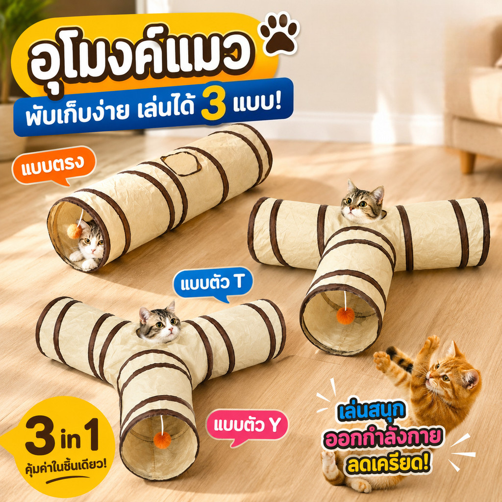 COD ของเล่นแมว อุโมงค์ อุโมงค์3ทาง พับเก็บได้/จัดเก็บง่าย สำหรับแมวหรือสัตว์ขนาดใหญ่