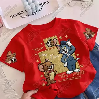 「งานเกรดพรีเมียม งานเกรด A」 ลายแมวกับหนูน่ารัก เสื้อแขนสั้น สีชมพู การ์ตูนเด็ก แฟชั่นเด็กหญิง CM พร้อมส่ง