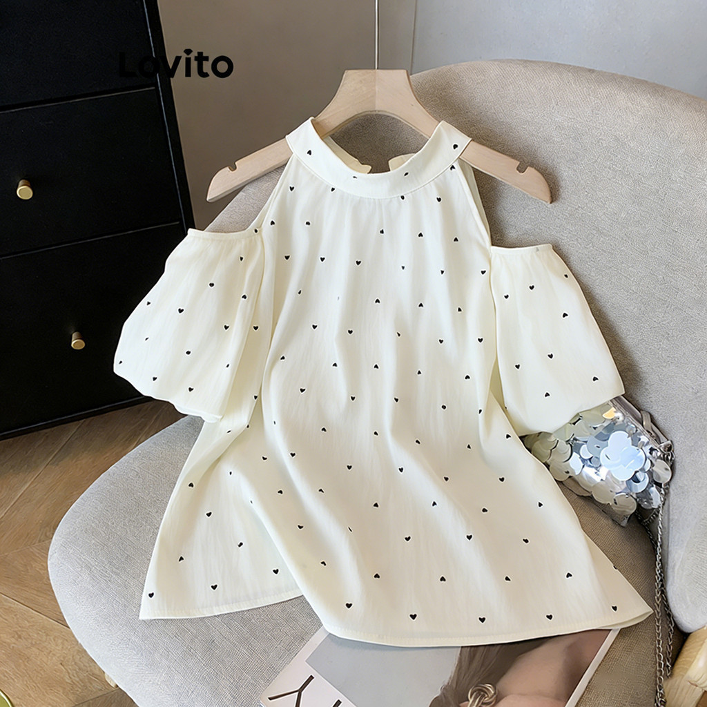 Lovito เสื้อลําลอง ลายจุด ผูกโบว์หลัง แพทเทิร์น เสื้อเบลาส์สําหรับผู้หญิง LNE71653