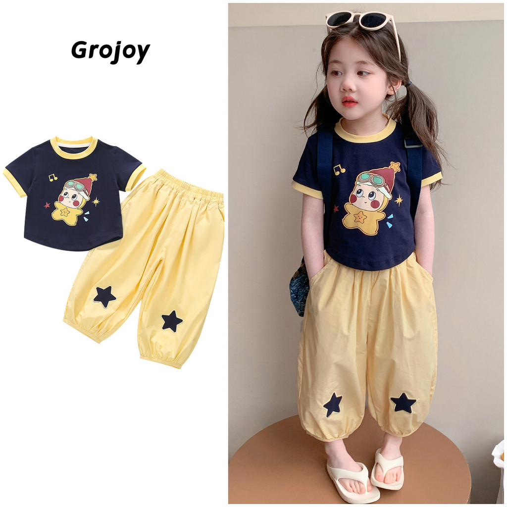 ((พร้อมสต็อก) สาวการ์ตูนพิมพ์เสื้อยืด+ดาวกางเกงลําลองสองชิ้นชุดฤดูร้อนระบายอากาศ [โกรจอย] จีซี0288 #