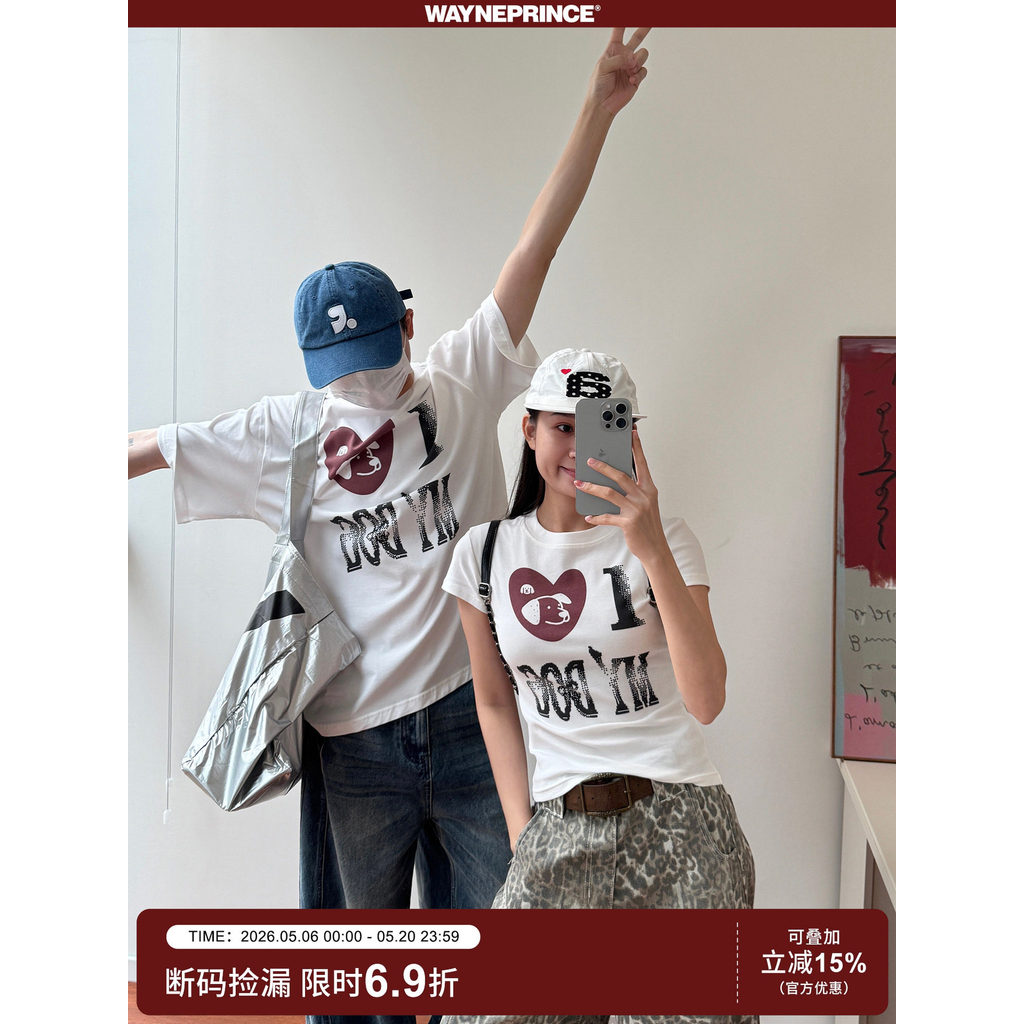19studio WAYNEPRINCE เวอร์ชั่นเกาหลี ins สไตล์หัวใจรักพิมพ์เสื้อยืดแขนสั้นการออกแบบความรู้สึกเสื้อคู