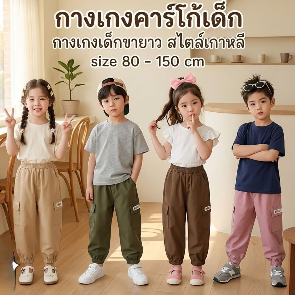 sunny_bunny_ พร้อมส่งจากกทม กางเกงคาร์โก้เด็ก กางเกงเด็กขายาว กางเกงเกาหลี  size 80-150 cm