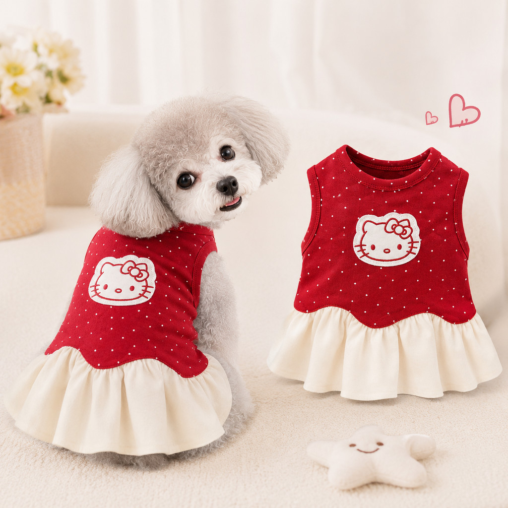 เสื้อผ้าสุนัขสัตว์เลี้ยง Hello Kitty กระโปรงเสื้อกั๊กลายจุดสีแดง Bichon Schnauzer ฤดูใบไม้ผลิฤดูร้อนสไตล์บาง