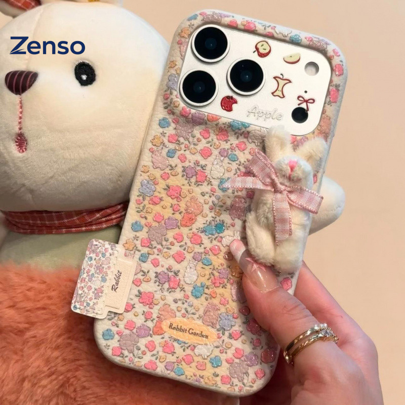 Zenso Full-Coverage Soft Case Winter Floral Plush Rabbit Phone Case for iPhone 11-17 Pro Max, Anti-Drop, Anti-Fingerprint, Anti-Yellowing