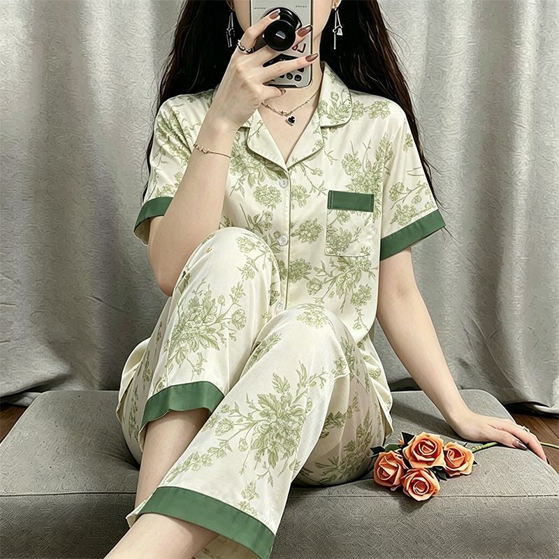 Fashionable Women's Pajamas 高档女士睡衣夏天薄款短袖长裤宽松可外穿家居服中年妈妈套装6.4