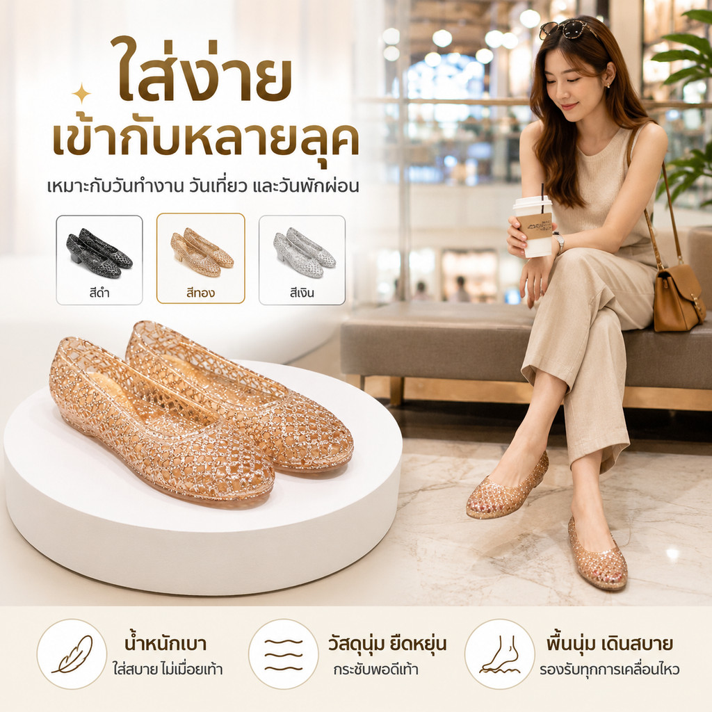 คริสตัลวุ้นตาข่ายหลุมส้นสูงส้นลิ่มหนา-พื้นรองเท้า รองเท้าแตะพลาสติกผู้หญิงระบายอากาศสบายๆทํางานรองเท้าชายหาด