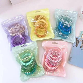 ชุดยางรัดผมสายโทรศัพท์ลายดอกไม้เกลียว 6 เส้น โปร่งใส สีพาสเทล ยางมัดผมยางยืดสไตล์เกาหลีหวานสําหรับผู้หญิง เครื่องประดับผมประจําวัน