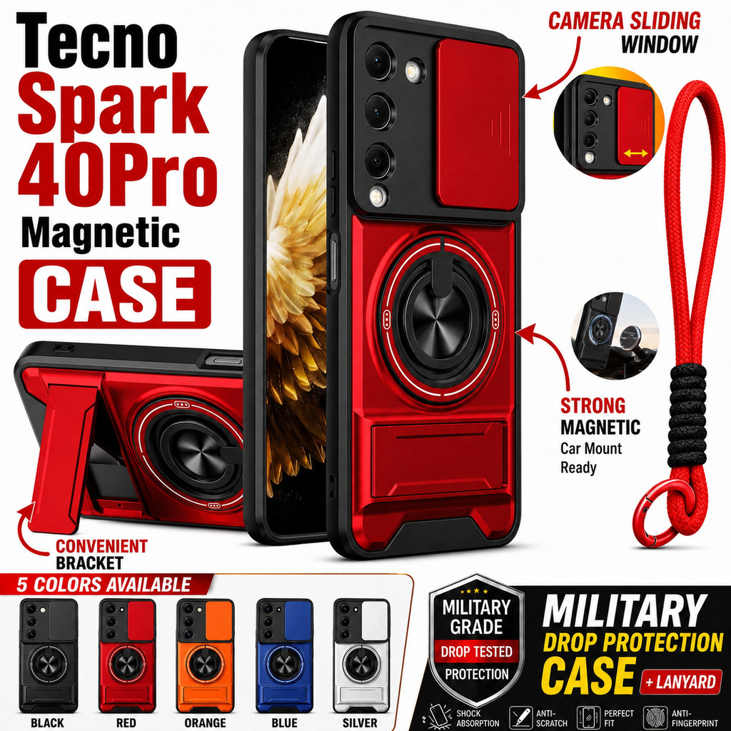 เหมาะสําหรับ Tecno Spark 40 Pro + 20 30 4G Spark Slim 4G เคสโทรศัพท์แม่เหล็กที่แข็งแกร่งพร้อมเชือกเส้นเล็ก 360° ที่วางขาตั้งแหวนติดรถยนต์ป้องกันเลนส์กล้องกันกระแทกฝาครอบป้องกัน