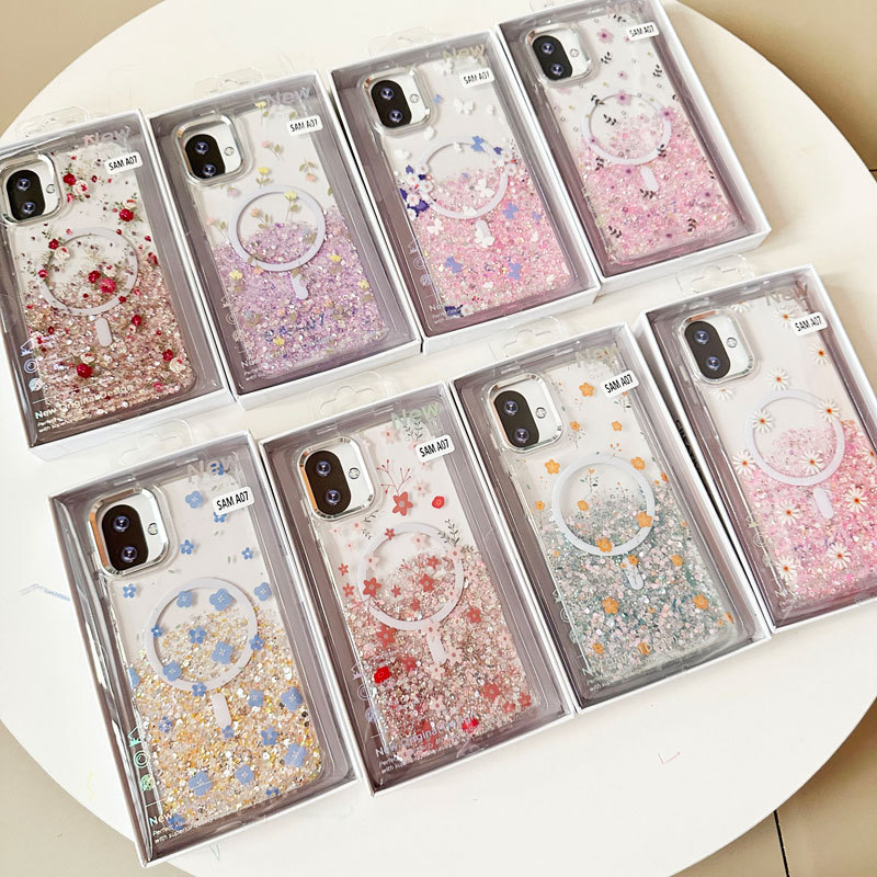New เคส ชาร์จไร้สาย แม่เหล็ก สำหรับ Samsung Galaxy A07 5G A17 A27 A37 A57 A36 A56 S23 S24 S25 ultra เคสดอกไม้สีเมทัคลิค