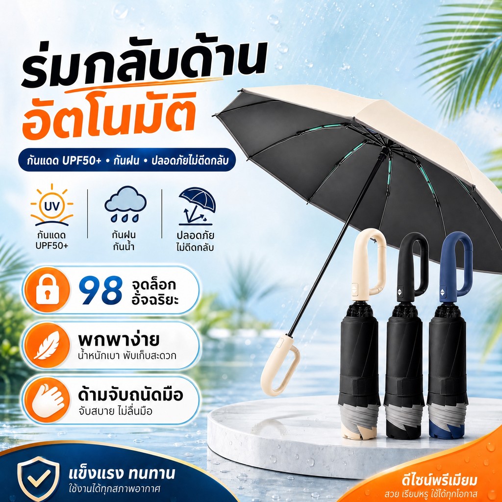 ร่มกลับด้านอัตโนมัติ ร่มหุบทีละขั้น ไม่ดีดกลับ ร่มพับกันแดดกันฝน ด้ามแขวนแฟชั่น 10 ก้าน ผ้า 3 ชั้น กัน UV ต้านลมแรง