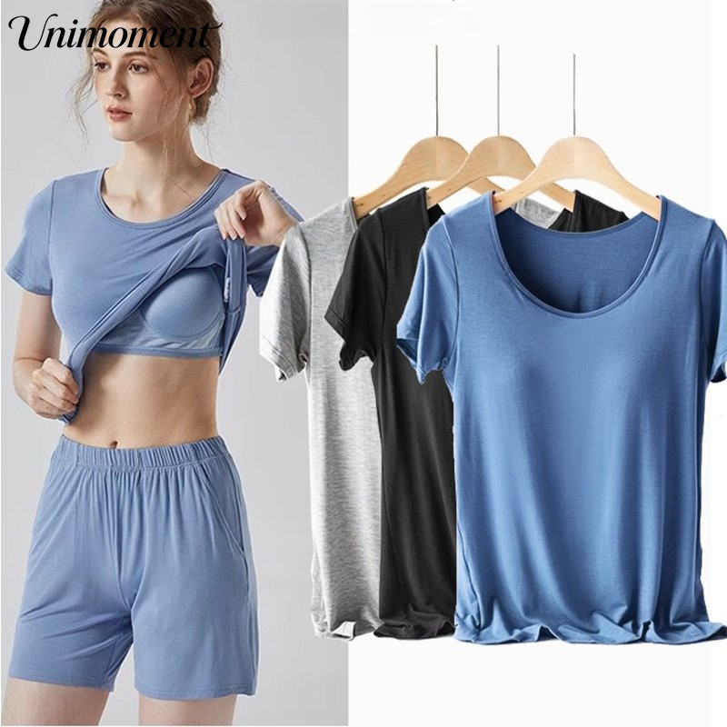 [Unimoment] M-3XL เสื้อยืดแขนสั้นฤดูร้อนของผู้หญิงพร้อม เสื้อยืดกีฬา Bra Cup