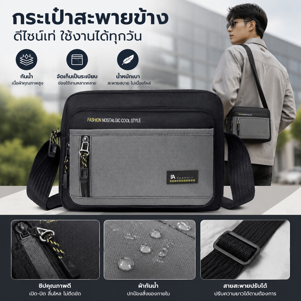 กระเป๋าสะพายไหล่กันน้ำสำหรับผู้ชาย กระเป๋าสะพายสำหรับการเดินทางกลางแจ้งและธุรกิจ