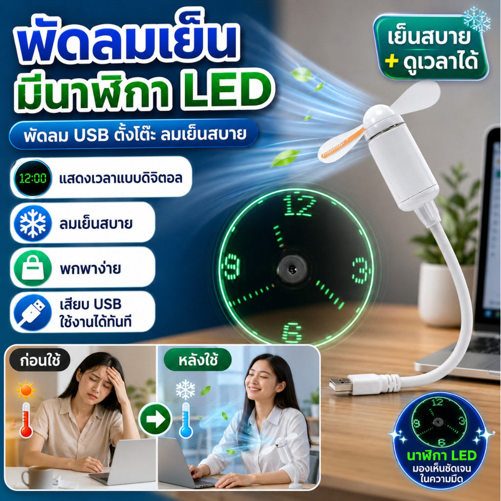 พัดลมตั้งโต๊ะ USB มีนาฬิกาดิจิตอล LED เย็นสบาย พกพาได้