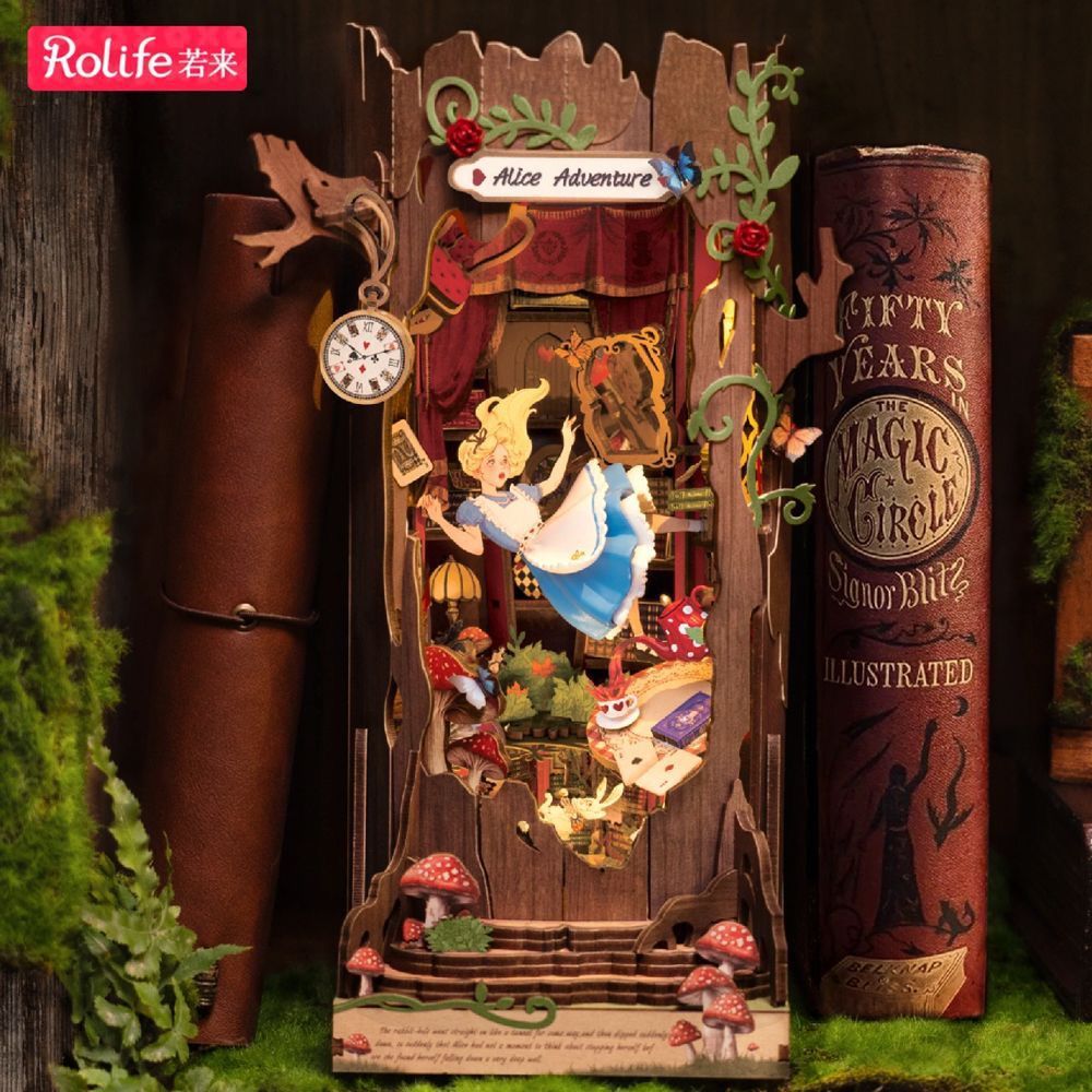 Rolife rolife rolife ตก wonderland bookend กระท่อม diy ประกอบบล็อกตัวต่อทําด้วยมือของเล่นของขวัญวันเ