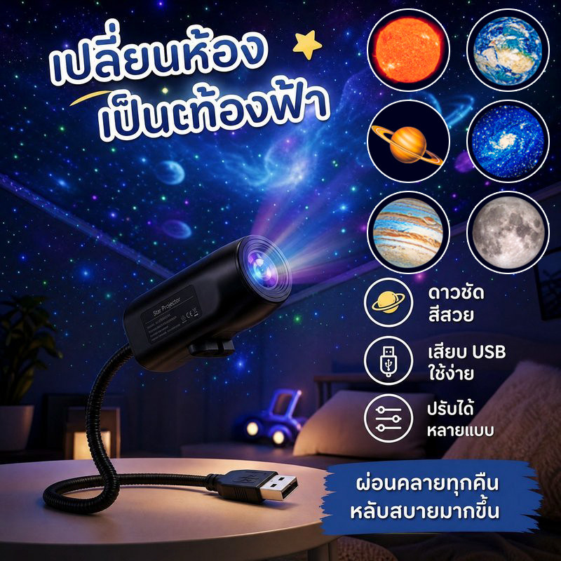 COD โคมไฟโปรเจคเตอร์ท้องฟ้า โคมไฟดาว หมุนได้ 360 องศา ชาร์จ USB ห้องนอน แสงนุ่มนวล 10แบบ พกพา
