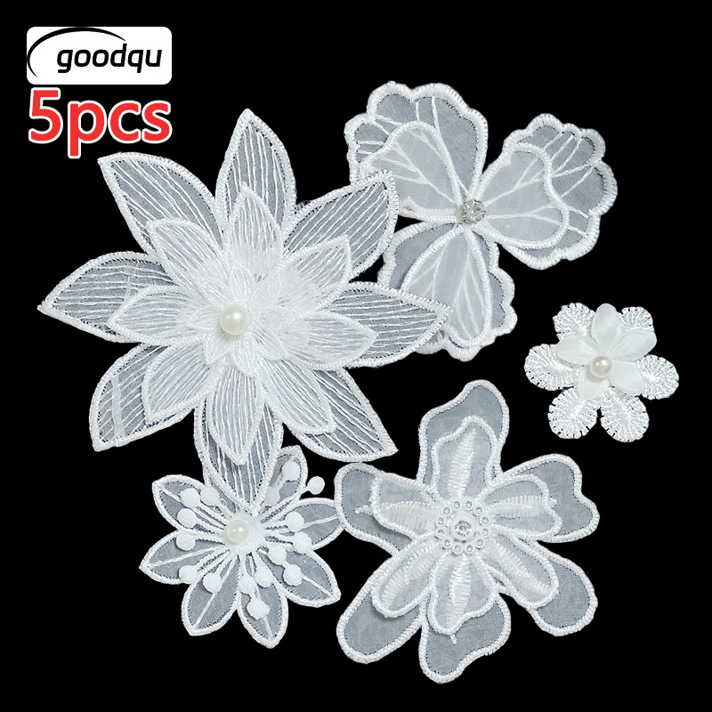 5 ชิ้นลูกไม้สีขาว Pearl Sparkly เย็บบน Applique แพทช์สําหรับเสื้อผ้ากระเป๋าซ่อมเย็บปักถักร้อยเด็กน่ารักดอกไม้สาว Parches Vintage