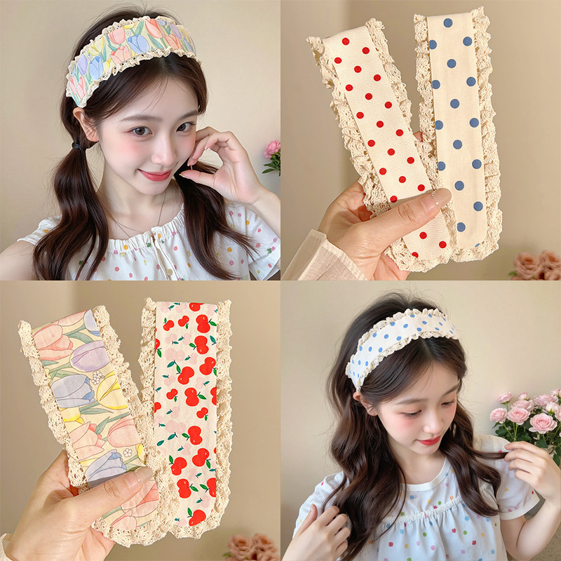 ที่คาดผมเวลโครลายเชอร์รี่ ขอบลูกไม้หวาน กันลื่น สําหรับอาบน้ํา สกินแคร์ แต่งหน้า เครื่องประดับผมสไตล์เกาหลี