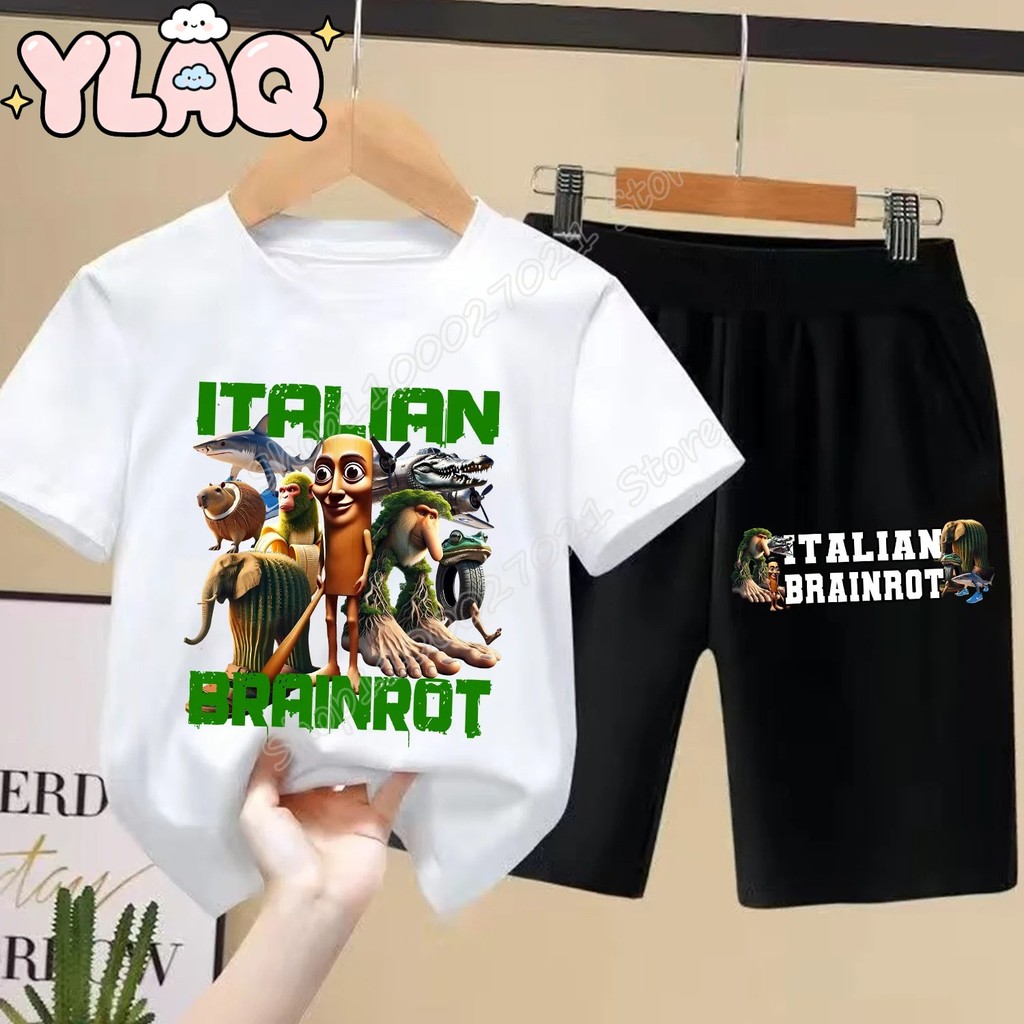 ชุดเด็ก Italian Brainrot 2 ชิ้น ลาย Tung Tung Tung Sahur เสื้อยืด+ขาสั้น