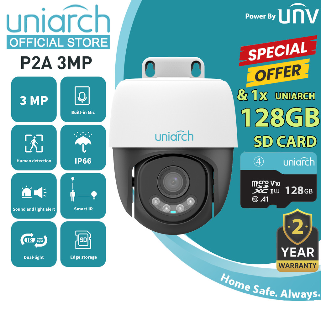 Uniarch P2A 3MP HD Outdoor Pan & Tilt Wi-Fi กล้องวงจรปิดความปลอดภัยกล้อง H.265 WDR + 128GB SDCARD