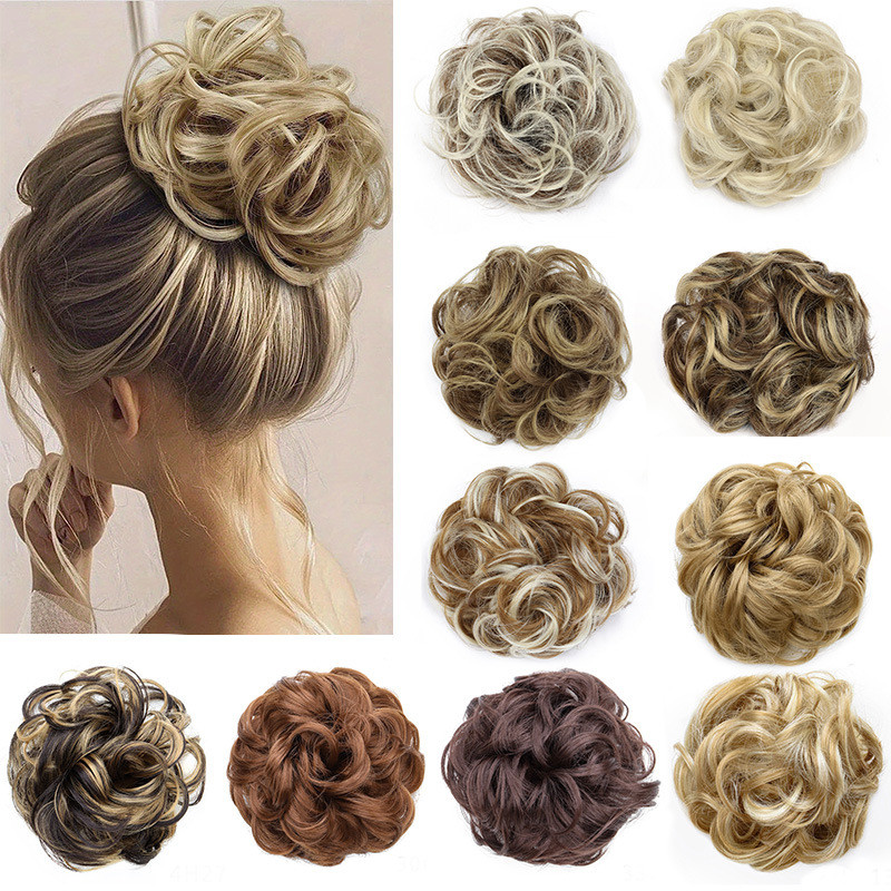 ผู้หญิงสังเคราะห์ Messy Bun Extensions Curly Chignon Bun Hairpiece Scrunchie ยืดหยุ่นสําหรับงานแต่งงานผมหยิก