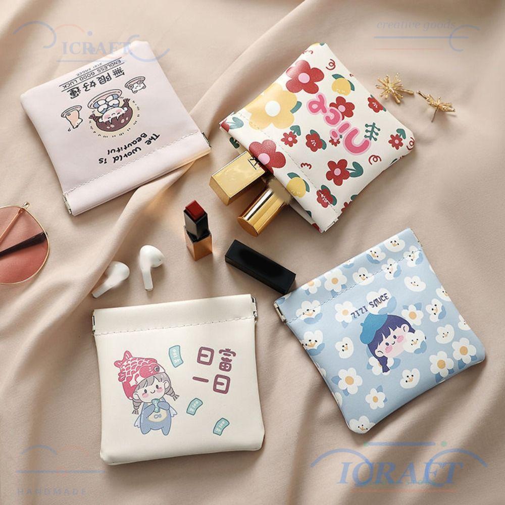 กระเป๋าลิปสติก ICRAFT, กระเป๋าเครื่องสําอางขนาดเล็กหนัง Pu แบบนุ่มแบบพกพา, กระเป๋าแต่งหน้าแบบปิดอัตโนมัติลายการ์ตูน