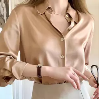 (D-018) Satin Shirt เสื้อเชิ้ต ผ้าซาติน แฟชั่น ผู้หญิง แขนยาว ทรงสวย เรียบหรู ใส่ทำงาน เที่ยว คาเฟ่ Fashion
