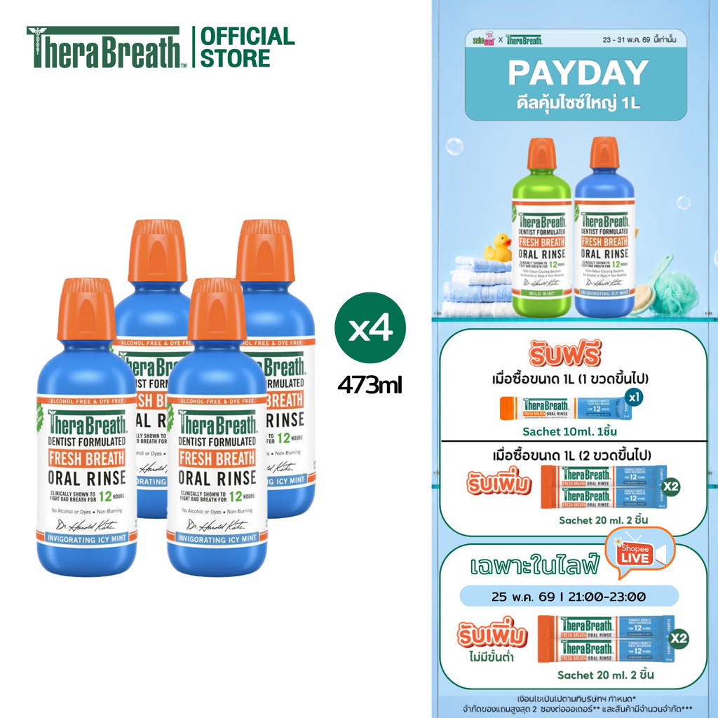 [แพ็คx4] TheraBreath 473 ml สูตร Invigorating Icy Mint - Mouthwash น้ำยาบ้วนปาก ลดกลิ่นปาก ไม่มีแอลกอฮอล์