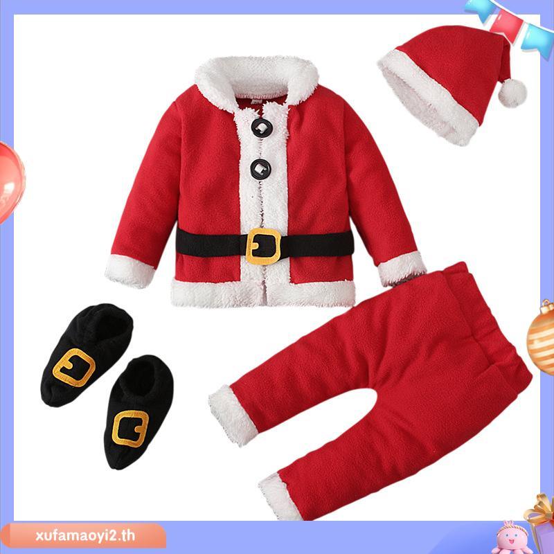 Cpy ทารกแรกเกิดคริสต์มาส Santa Claus เครื่องแต่งกาย 4 ชิ้นขนแกะเสื้อกางเกงหมวกรองเท้าชุดเด็กวัยหัดเด