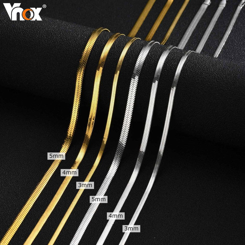 VNOX วีน็อกซ์ ใบมีดสร้อยคอโซ่สําหรับผู้ชายผู้หญิงสแตนเลส18พันทองเงินแบนงูกระดูกเค้นคอเครื่องประดับของขวัญ3/4/5มิลลิเมตรก