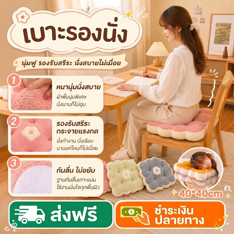 พร้อมส่ง เบาะรองนั่งขนาด 40x40cm หนานุ่มรองก้นนั่งสบาย มีลายดอกไม้สวยงาม เหมาะตกแต่งห้องภายในบ้าน