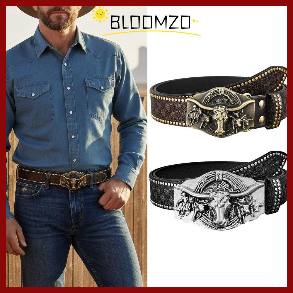 in stockBLOOMZO เข็มขัดลําลองสําหรับธุรกิจ, แบรนด์อินเทรนด์แบรนด์หรูเข็มขัดหนัง PU ผู้ชาย, เข็มขัดหัววัวคาวบอยตะวันตก