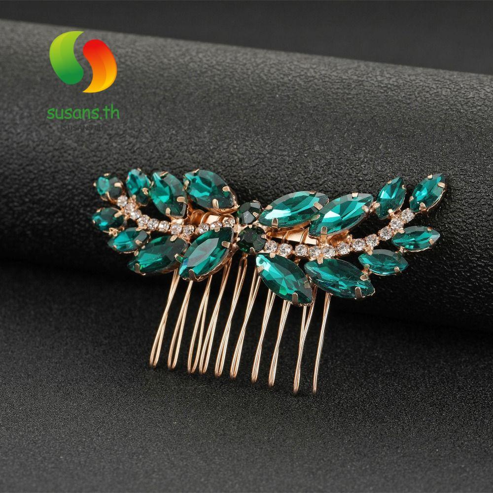 SUSANS ที่คาดผมใบไม้ดอกไม้ หวีผม Rhinestone สีเขียว เครื่องประดับผม