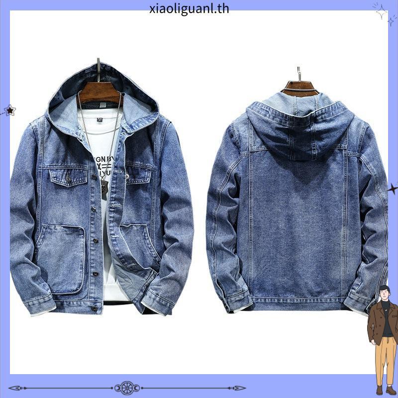 ผู้ชาย DENIM Jean Jacket สีฟ้าสีดํา Beanie หนา DENIM Unisex Casual