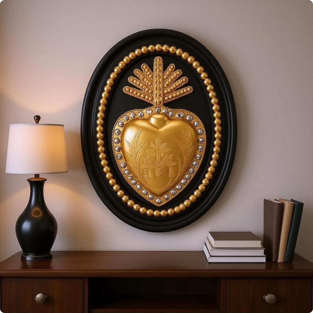 [Whgirld8] SiaBiced Resin Wall Hanging Gold-Toned Oval Wall Plaque Beaded Border