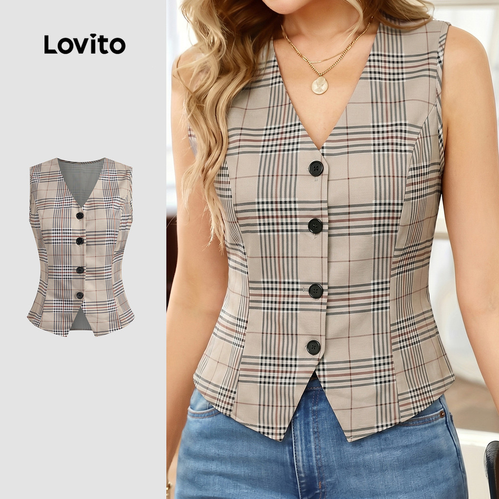 Lovito เสื้อเชิ้ตผู้หญิงทรงเรียบหรู ปุ่มหน้าสไตล์เรโทร สีคากี สําหรับฤดูใบไม้ผลิ/ฤดูร้อน LK6LD402