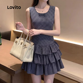 Lovito เดรสลําลองผู้หญิง ลายโบว์ด้านหน้า แต่งระบายเป็นชั้น เหมาะสําหรับฤดูใบไม้ผลิและฤดูร้อน LK6ED199