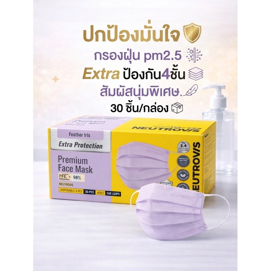 แมสกันฝุ่นpm2.5 หน้ากากอนามัย NEUTROVIS Premium Face Mask (Feather Iris) ม่วงพาสเทล 1 กล่อง
