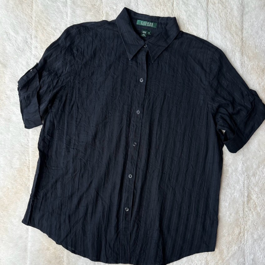 เสื้อเชิ้ตสีดำ Lauren Ralph Lauren (LRL) มือสองวินเทจ ผ้าคอตตอนลายริ้วพรีเมียม ไซส์ XL สีดำสนิทไม่มี