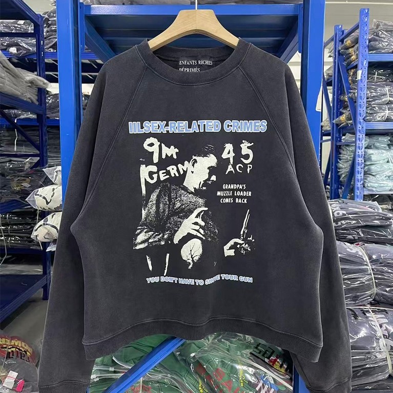 ERD Melancholy Fu รุ่นที่สองตัวอักษรอเมริกัน Retro พิมพ์ล้าง Distressed หลวมรอบคอ Cross ไหล่เสื้อกัน