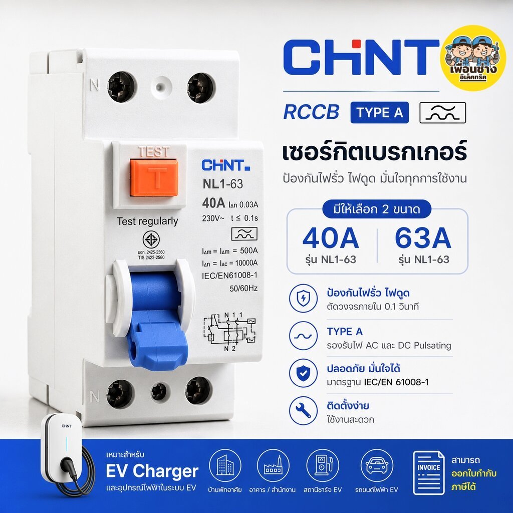 **Type A** CHINT เซอร์กิตเบรกเกอร์กันดูด RCCB รุ่น NL1-63 2P 40A 63A 10KA 30mA ใช้กับ Ev Charger เบรกเกอร์ เครื่องชาร...