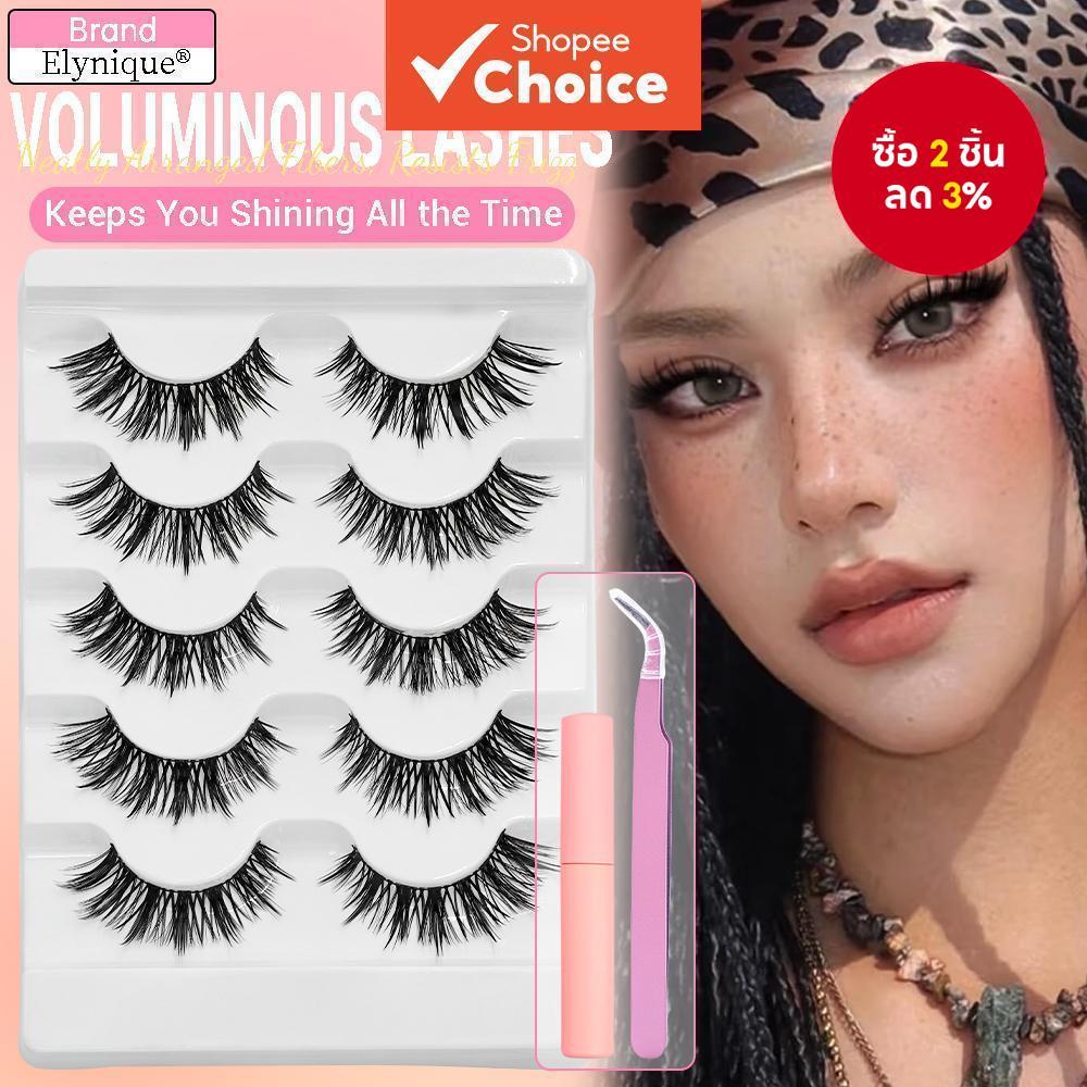 ขนตาปลอม Faux Mink, 5 คู่ Full Strip Wispy Lashes พร้อมกาวและแหนบ