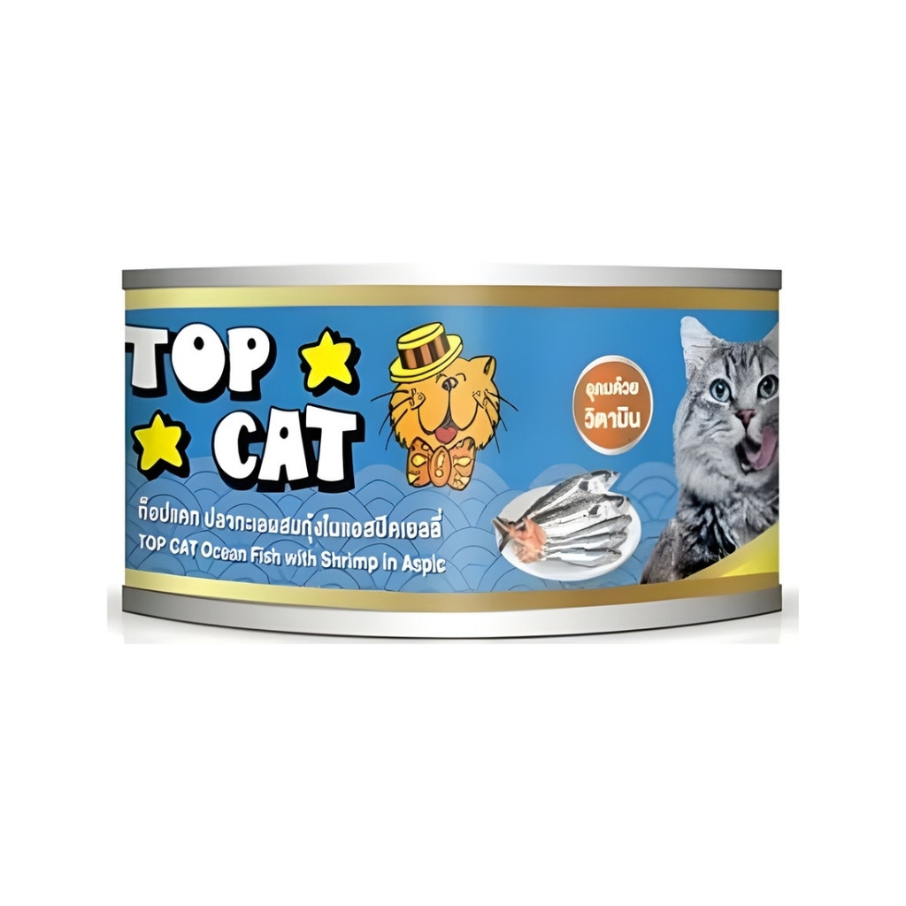 ท็อปแคท อาหารแมวรสปลาทะเลผสมกุ้งในแอสปิคเยลลี่ Top Cat Ocean Fish & Shrimp in Aspic 185g.