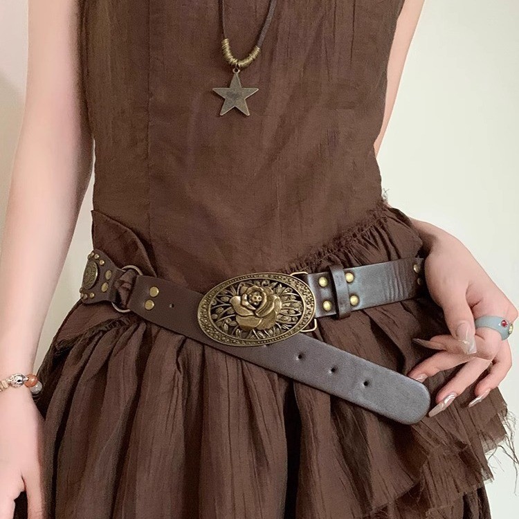 [ขายร้อน] Bohemian Style American Brown Belt Female Decorative Matching Skirt y2k All-Match Retro Ni